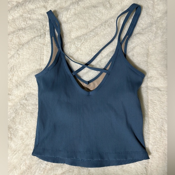 Vuori Rib Crop Ribbed Cropped Tank Top Crossed Back in Pool Blue - Picture 5 of 6